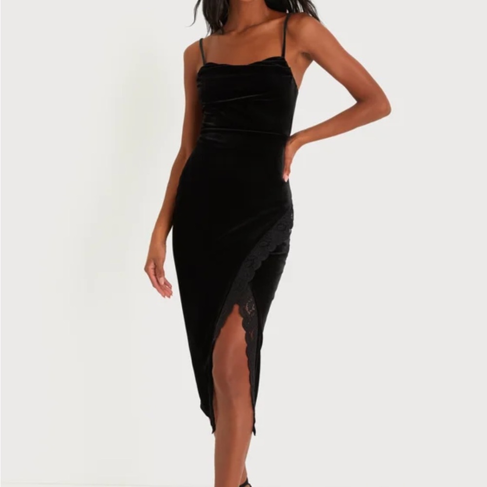 🖤 LULUS Alluring Affection Black Velvet Lace Cowl Neck Midi Dress; Size XS